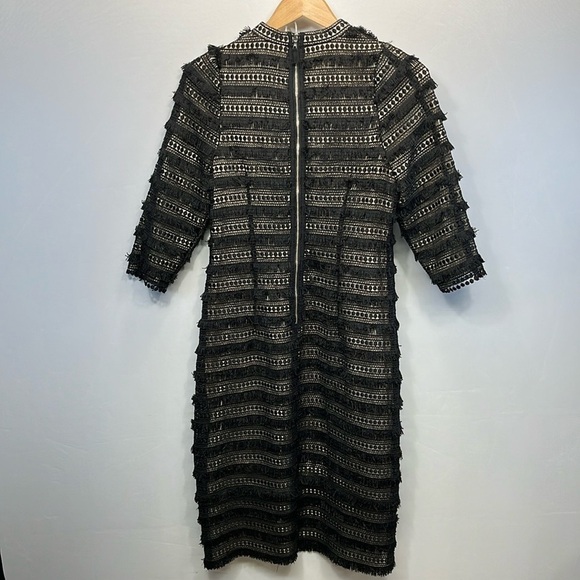 J. Crew Fringe Midi Dress 6 Black boho Tan lined Sheath 3/4 Sleeves - Picture 2 of 10